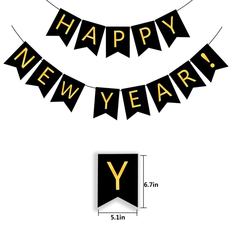 FECEDY Happy New Year Banner Black Bunting with Gold Alphabet for New Year Party Supplier Eve Party Decorations - Image 2
